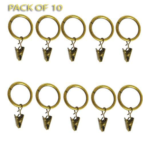 Pack of 10 Metal Curtain Rings with Clips, Pole Rod Voile Net Curtain Drapery Hanging Rings with Hooks (Antique Brass)