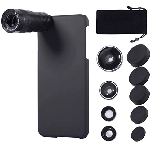 5 in 1 Mobile Phone Lens Kit, [9X Telephoto Telescope] [0.63x Wide Angle] [0.4X Super Wide Angle ] [180Â° Fisheye] [10X Macro] Camera Lens with Case Cover (Black) (iPhone 6/6s (4.7"))