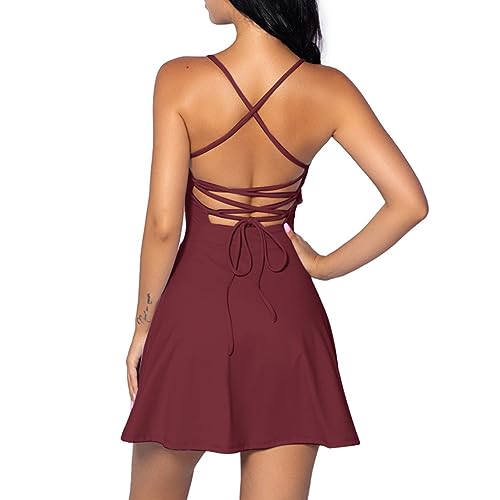 IDOPIP Vestido de tenis para mujer con sujetador integrado y pantalones cortos con bolsillos, sexy con cordones, espalda descubierta, vestido deportivo de golf, borgoña, L