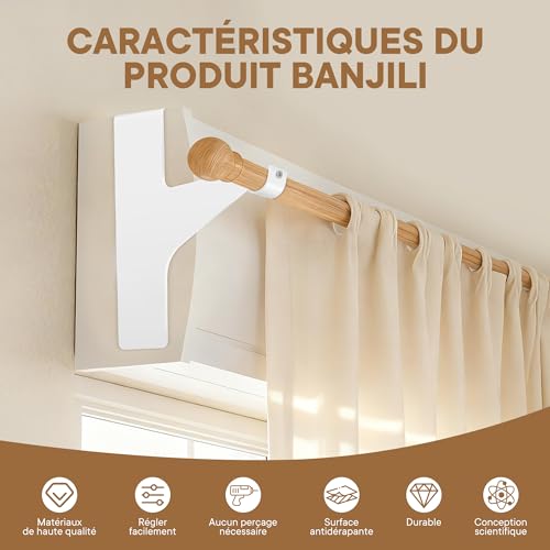 BANJILI Heavy Duty No-Drill Curtain Rod Holder - Reinforced Adhesive Roller Shutter Box Mount - Heavy Duty Metal Bracket 19-28mm (White-2 Brackets)