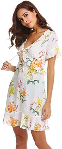 Justrix Women's Vintage Floral Print V Neck Short Sleeve Ruffle Knee Length Tunic Beach Dress