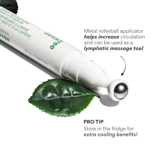innisfree Green Tea Caffeine Depuffing Eye Serum with Niacinamide, Cooling Korean Eye Roll-On for Hydration and Brightening