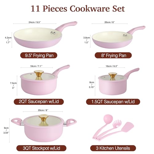 M MELENTA Pink Pots and Pans Set Non Stick, 11 Piece Non Toxic Ceramic Cookware Set, Induction Ready Kitchen Cooking Set with Cool-Grip Handles, PFOA & PTFE Free