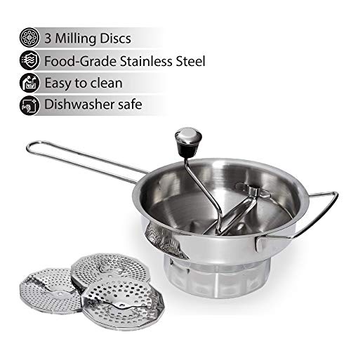 Bezrat Stainless Steel 2-Quart Food 3 Discs | Kitchen Mill for Mashing, Straining & Grating Fruits & Vegetables | Easy to Clean & Durable Quality, 17 x 9 x 5.2 inches Silver