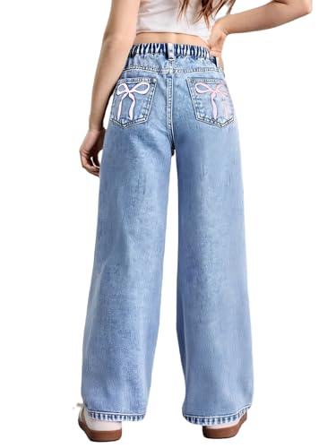 WDIRARA Girl's Bow Print Back Zipper Fly Elastic High Waist Denim Pants Basic Wide Leg Jeans