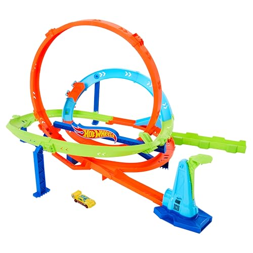HOT WHEELS Let's Race Netflix - Looping-Zyklon-Challenge - Action-Trackset mit 2 Spielmöglichkeiten, Bumerang-Loopings und Fahrzeug im Maßstab 1:64, mit Tragegriff, ab 4 Jahren, HXM94