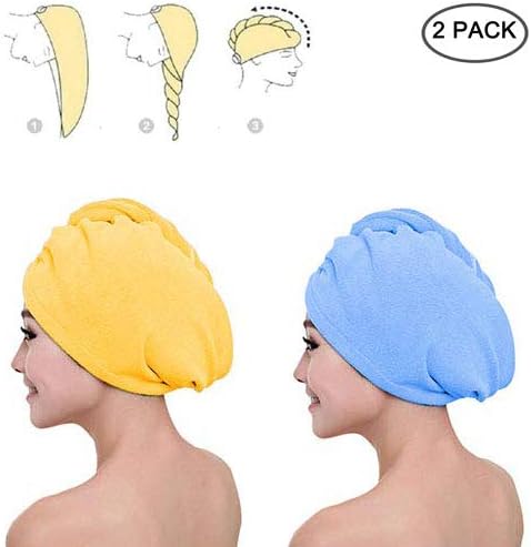 CABAX Hair Towel Wrap Turban Microfiber Drying Bath Shower Head Towel with Buttons, Quick Magic Dryer, Dry Hair Hat, Wrapped Bath Cap (2 Pack-Yellow&Blue)