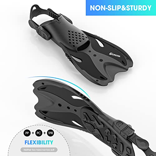 EMSINA Mask Fin Snorkel Set with Adult Snorkeling Gear, Panoramic View Diving Mask, Trek Fin, Dry Top Snorkel +Travel Bags, Snorkel for Lap Swimming