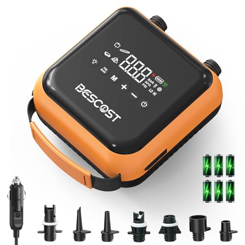 BESCOST 20PSI Electric SUP Pump, Portable Electric Inflator, 7 Min Inflator, Dual Motor, Rechargeable + 12 V Car, Automatic Stop, 7 Adapters, for Paddle Board Kayak Inflatable Boat