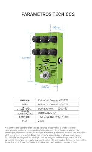 VEDO M-vave Pedal de efeito Classic Delay, True Bypass, tempo de delay de 600ms, para guitarra elétrica e baixo.
