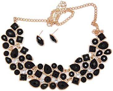 Women Alloy Crystal faux Pearl Flower Bridal Jewelry Necklace and Earring Set. (Black)