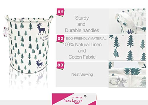 TIBAOLOVER 19.7" Large Sized Waterproof Foldable Canvas Laundry Hamper Bucket with Handles for Storage Bin,Kids Room,Home Organizer,Nursery Storage,Baby Hamper(Pine Trees and Deers) - Thumbnail 2