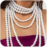 Octwine 8 Layer Boho Round Imitation Pearl Long Layered Choker Necklace Multi Strands Vintage Choker 1920s Bridal Wedding Christmas Vintage Shiny Necklace for Women (8 Tier)