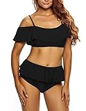 Sidefeel Women Ruffle Cold Off Shoulder Print 2 Piece Swimsuit Bikini Set