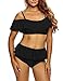 Sidefeel Women Ruffle Cold Off Shoulder Print 2 Piece Swimsuit Bikini Set