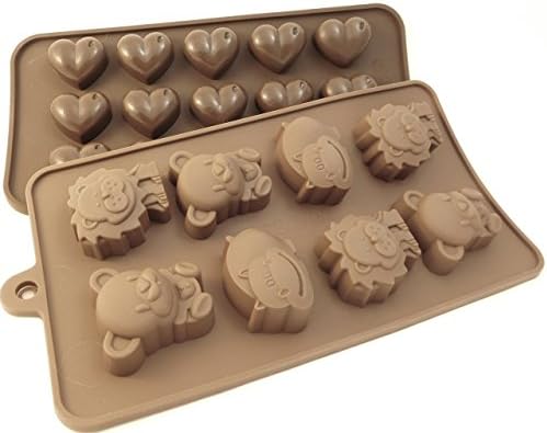 Set 2 silicone Chocolate Candy Molds; 1 Hearts mold and 1 mold of Hippos/Lions/Bears. Ice cubes, Candies, Gummies, Jello, Chocolate, Candle Chips, etc.