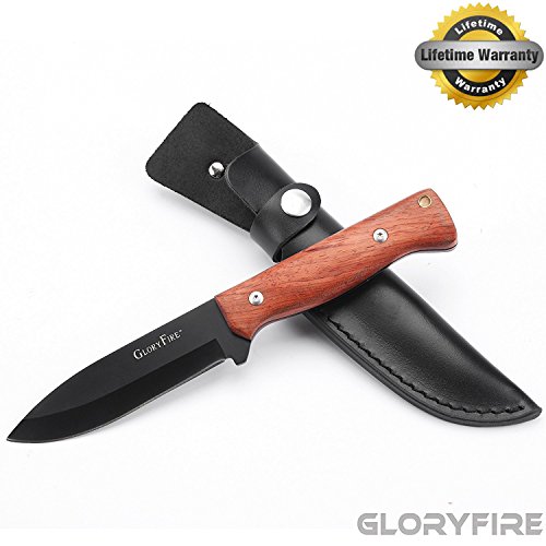 GLORYFIRE Tactical Knife AUS-8 Stainless Steel Blade Blackening Anti-Rust Processed Hand Protected Design Walnut Handle Outdoor Survival Sharp-Edged Fixed Blade Hunting Knife Genuine Leather Sheath
