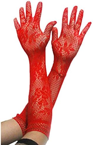 Fheaven Women Girl Lace Elastic Hip-hop Super Long Arm Gloves (Red)