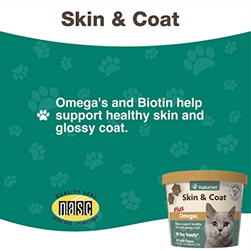 NaturVet Skin & Coat Plus Omegas For Cats 60 Soft Chews Supports