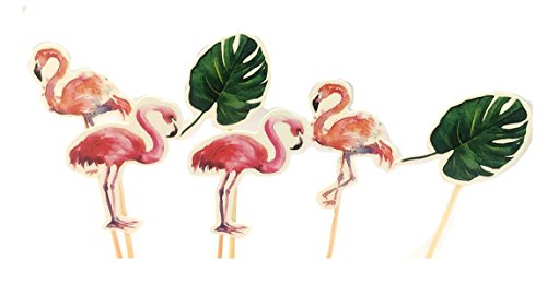 Palm Leaves Pink Flamingo Party Cupcake Toppers Luau Decorations, Set of 12