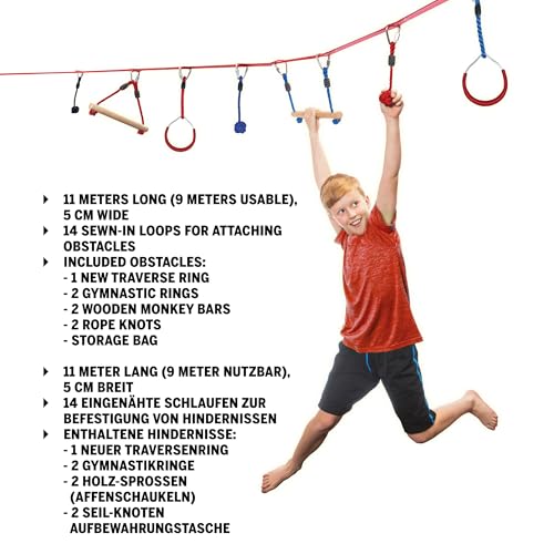 Slackers NinjaLine 11m Starter Set | Complete Kit with 7 Hanging Obstacles | Includes Slackline, Ratchet and Carry Bag | Suitable for Children 5 Years Old