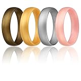ROQ Silicone Wedding Ring for Women, Set of 4 Affordable Comfort Fit 6mm Love Metallic Silicone Rubber Wedding Bands - Silver, Gold, Rose Gold, Bronze - Size 5