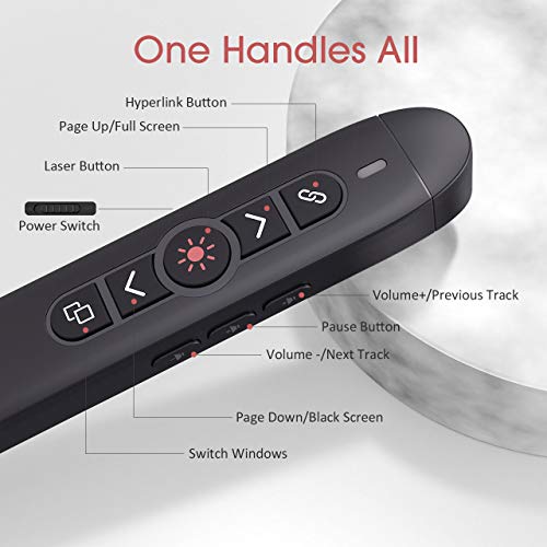 VicTsing (Upgraded Version) Presentation Clicker with Laser Pointer, 2.4GHz Wireless Clicker, Switch Windows/Hyperlink/Volume Control/Video Pause, Red Laser Pen for Google Slides, PowerPoint, Prezi