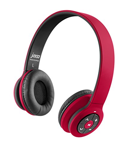 JAM Transit Wireless Bluetooth On-Ear Headphones, 30ft Range, Superior Bass, Big Sound, No Cords, Rechargeable Battery, Comfortable Fit, Perfect for Travel, Car, Kids, HX-HP420RD Red