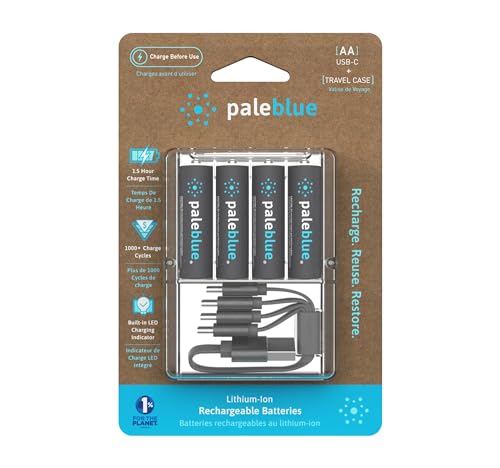 paleblue USB Rechargeable AA Batteries - 2550mWh Lithium Ion, 1.5V, 1000+ Charge Cycles, Includes (3) 4-in-1 USB-A to USB-C Charging Cables, LED Charge Indicator, Quick 1.5 Hour Charging