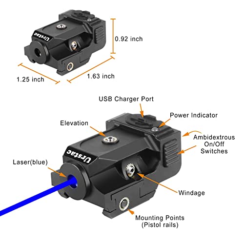 Urstac Blue Laser Sight for Pistol,Tactical Laser Gun Sight Used for 21MM Standard Picatinny Rail,USB Rechargeable Blue Dot Laser Sight for Handguns,Rifles,Outdoor Hunting Defense Training