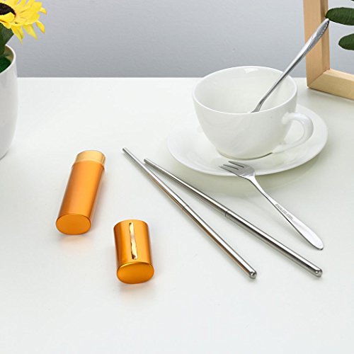 Owill Portable Folding Travel Dinnerware Set Stainless Steel Tableware Camping Tools (gold)