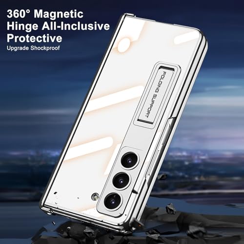 TERRIFI Case for Galaxy Z Fold 5, Magnetic Hinge Coverage Protection, Ultra Thin Transparent Plating Crystal, Built-in 3-Gears Adjustment Kickstand, Front Glass All-Inclusive Case (Clear-Cream White)