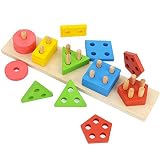 DalosDream Wooden Educational Preschool Toddler Toys for 1 2 3 4-5 Year Old Boys Girls Shape Color Recognition Geometric Board Blocks Stack Sort Chunky Puzzles Kids Baby Non-Toxic Toy