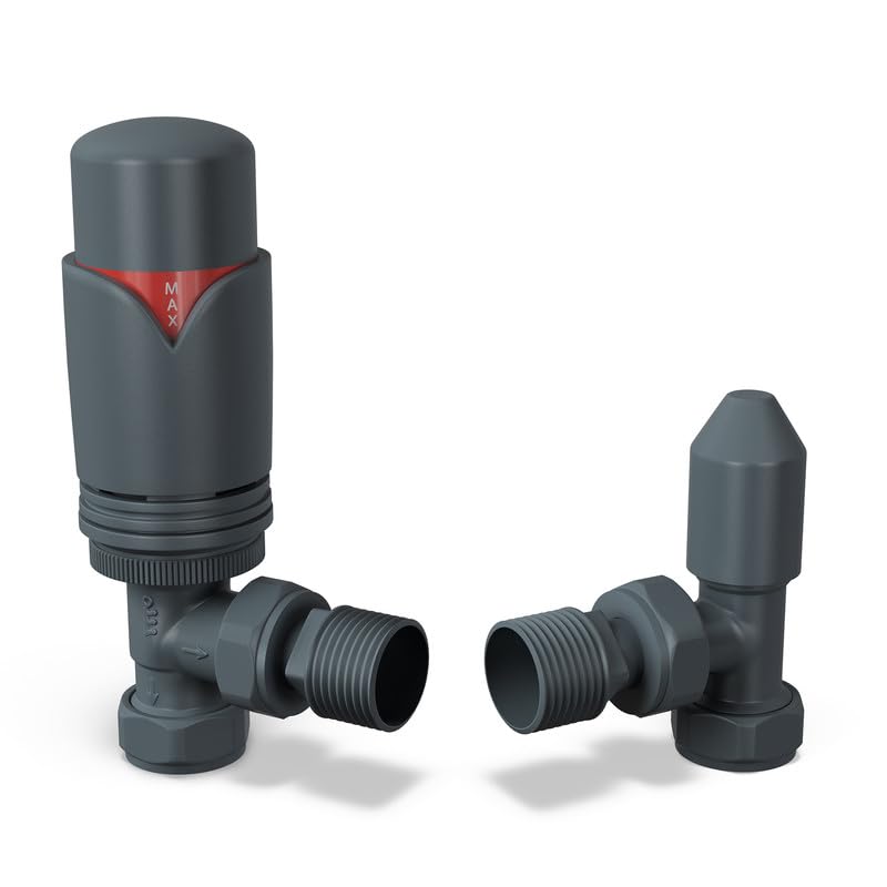 UK Radiators Anthracite Thermostatic Radiator Valve and Angled Lockshield Valve - Anthracite Matt Finish - Classy and Modern Design 1/2" x 15mm Angled Radiator Valve