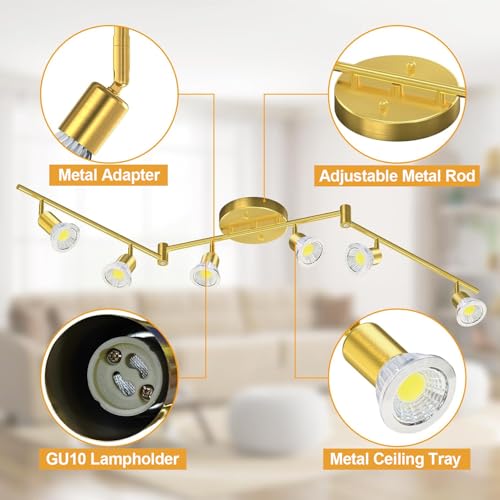 Bacane Track Lighting Kit, Ceiling Spot Lighting, Flexibly Rotatable Light Head, Track Light (Bulb Not Included) (Gold, 6 Light)