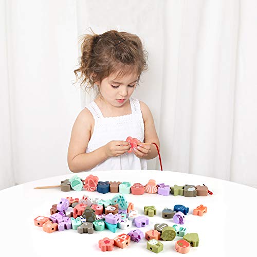 LOVESTOWN Wooden Lacing Beads, 67 PCS Stringing Beads Large Lacing Bead Animals Stringing Toy Montessori Toddler Preschool Toys for Toddlers Kid Birthday Gifts