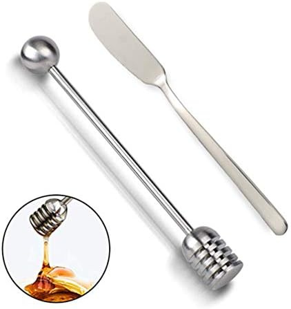 Cooyeah Stainless Steel Butter Knife and Syrup Dipper Stick for Honey Pot Jar Containers, Breakfast Spreads, Cheese and Condiments (Butter Knife & Honey Dipper)