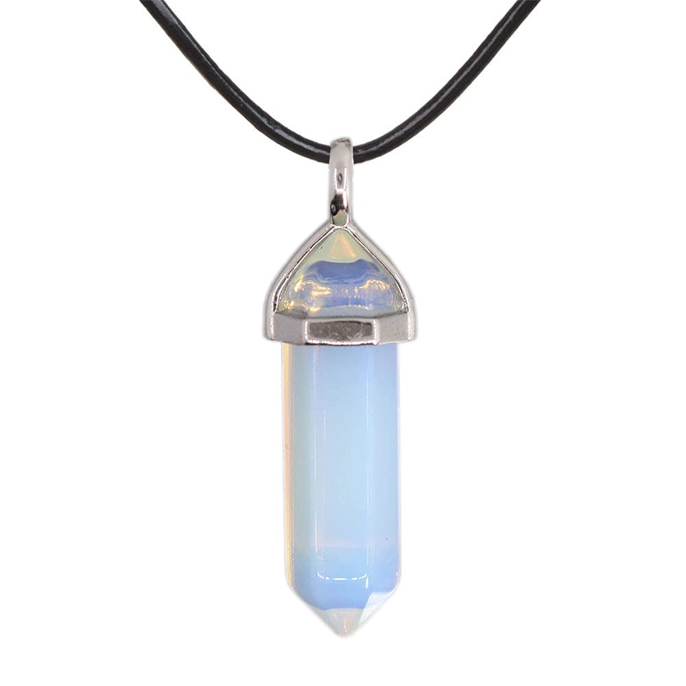 Opalite Moonstone Glass Gemstone Hexagonal Pointed Reiki Chakra Pendant Genuine Leather Necklace 18"