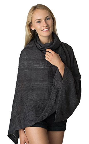 LL - Dark Gray Cowl Short Open Knit Asymmetric Pullover Sweater Poncho Top Tunic Shawl Wrap with Turtleneck and Fringe