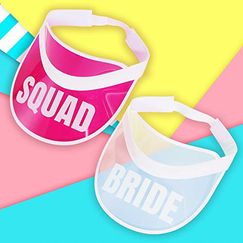 POP FIZZ DESIGNS 80s Bachelorette Squad Visors I 7 Pack I 1 Bride Visor 6 Squad Visors I Bachelorette Hats Pink