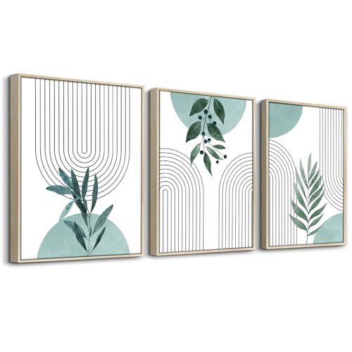 hyidecorart Wooden Frame Boho Sage Green Pictures Decoration Living Room Modern, 3 Pieces Abstract Lines Nordic Simplicity Plant Leaves Bedroom Kitchen Dining Room Office and Bathroom