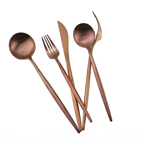 Matte Rose Gold Silverware Set,Gugrida 5-Piece 18/10 Stainless Steel Satin Finish Flatware Set,Kitchen Utensil Set,Tableware Travel Cutlery Set for Camping Office or School Lunch, Dishwasher Safe - Thumbnail 7