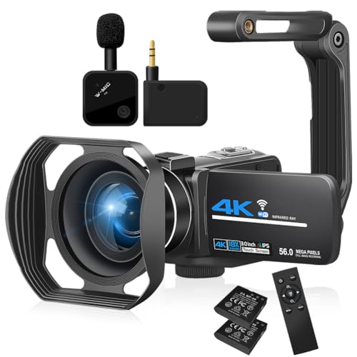 KOMERY Camcorders Video Camera 4K 56MP Video Camera for YouTube with Wireless Lavalier Mic Video Camera Camcorder with 2.4G Remote IR Night Vision, 18X Digital Zoom Camcorder WiFi