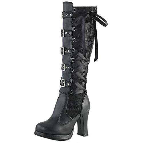 QueenMM Gothic Knee High Boots for Women Fashion Floral Lace Chunky Heel Halloween Boots Lace-Up Costumes Victorian Boots Black