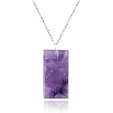 Gem O World Natural Amethyst Rectangle Pendant Necklace for Women | Silver Plated Hypoallergenic Healing Crystal Jewelry | Crown Chakra Stone 16"+2" (Amethyst)