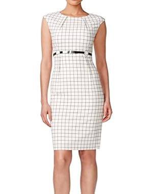 Women's Petite Belted Window-Pane Sheath Dress