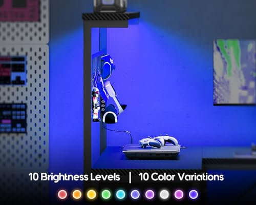 Coleshome L Shaped Gaming Desk with Drawers & Shelf, 110 × 80 cm | Reversible Corner Computer Desk with LED Lights & Power Outlets, Gaming Table with Hook, Carbon Fiber Black