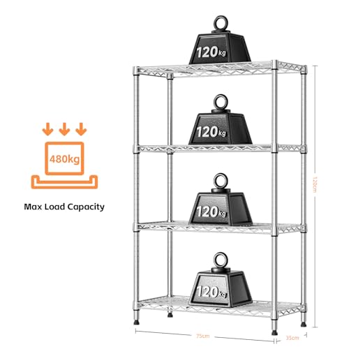 MZG 454kg Capacity Heavy Duty 4-Tier Metal Storage Shelving Unit with Wheels, Adjustable Wire Rack Organizer for Garage, Kitchen, Bathroom, or Laundry (Chrome, 35L x 75W x 120H cm)