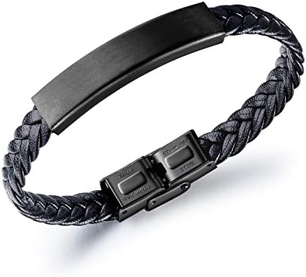 Aiksレザーブレスレット メンズ 革ステンレス ブラックプレート 編み込み バングル プレゼント 誕生日 買収 革製ブレスレット シンプルファッション 人気 父の日