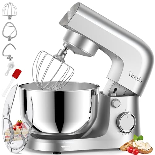 Vezzio Knetmaschine zum Backen, 1500 Watt Kompaktkneter, 10-stufiger geräuscharmer Teigkneter mit 4,5-Liter-Schüssel, inkl. Schneebesen, Knethaken, Rührbesen un